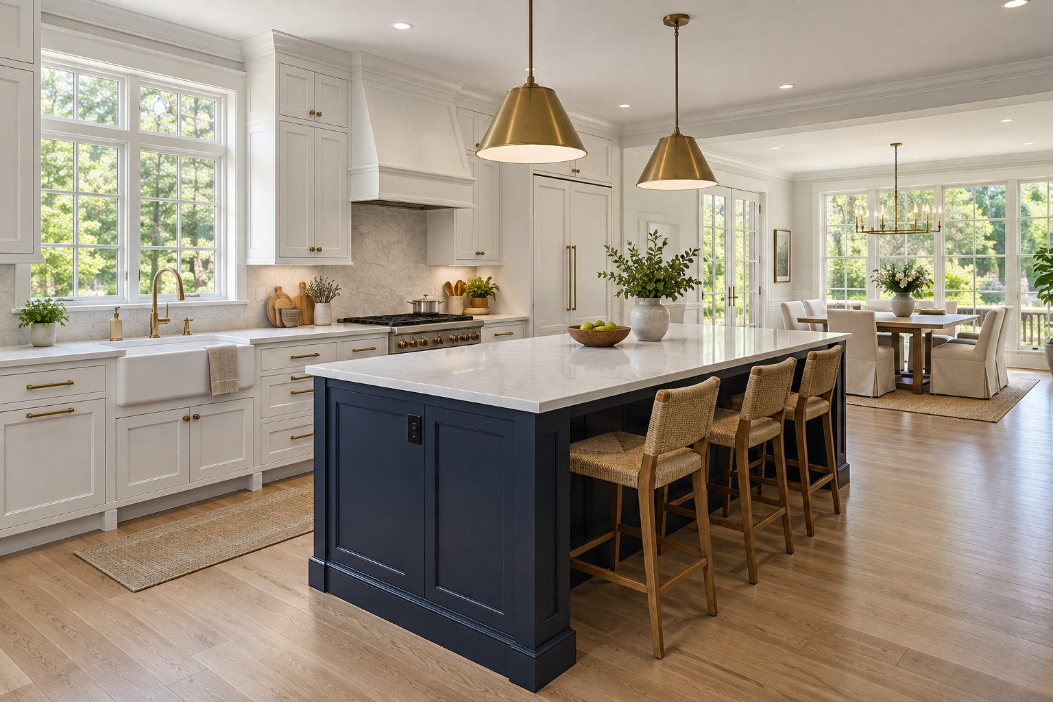 Illustrative renovated kitchen with white cabinets, navy island, and oak flooring